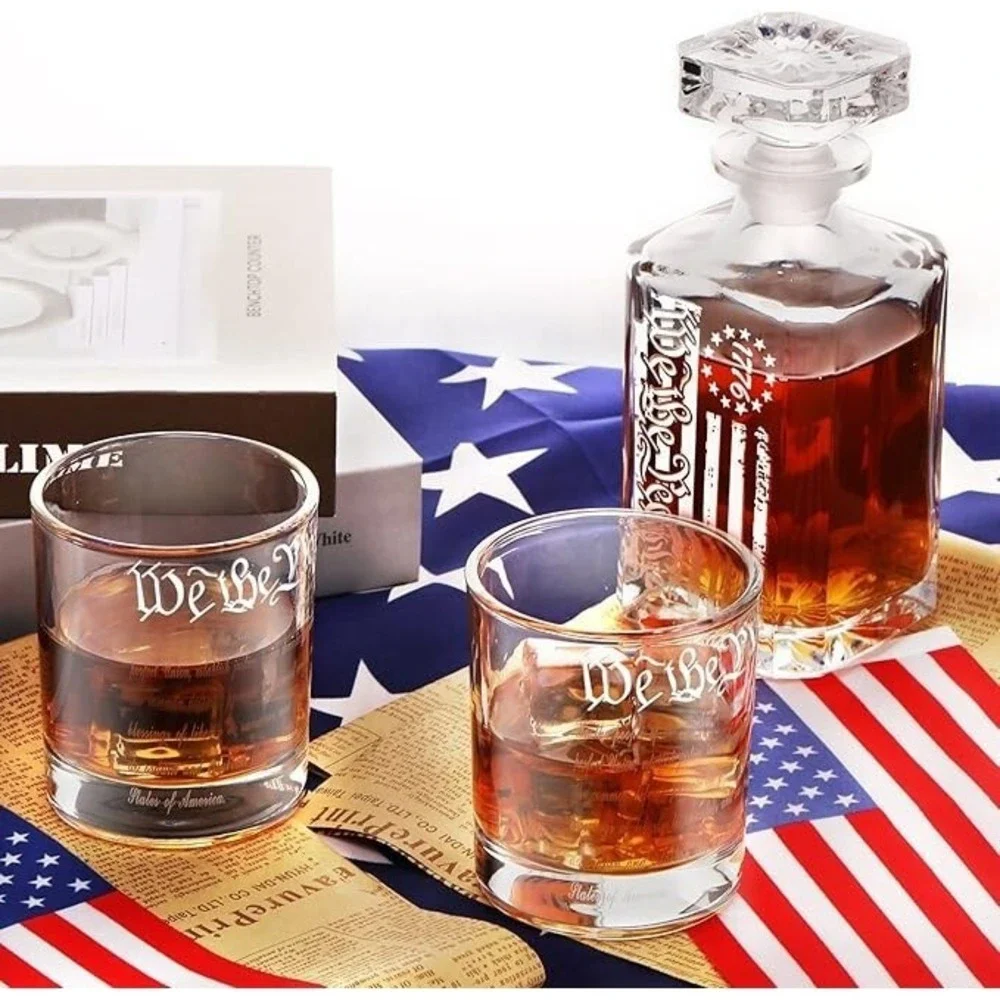 whiskey decanter engraved we the people american flag decanter set with 2 glasse